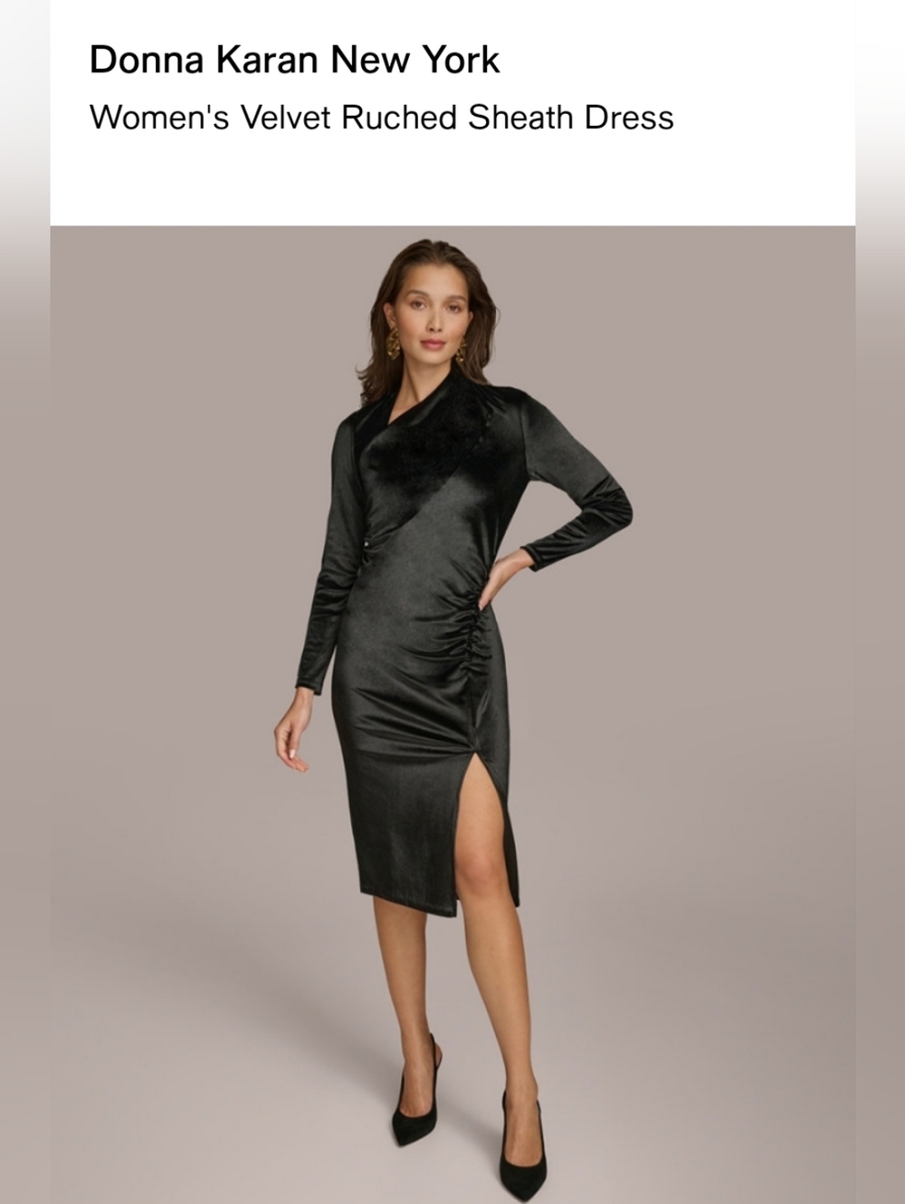 Donna Karan Black Velvet Ruched Sheath Midi Dress with Side Slit